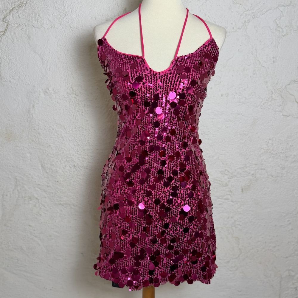 NWT Hot Pink Sequin Halter Mini Dress Size M Y2K McBling Barbiecore Disco Pop